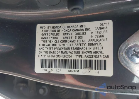 2013 Honda Civic Lx из США, поврежденный, VIN 2HGFB2F58DH560354